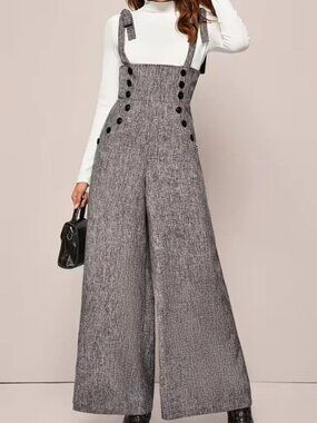 Buttoned Wide-Leg Jumpsuit With Tied Shoulder Straps